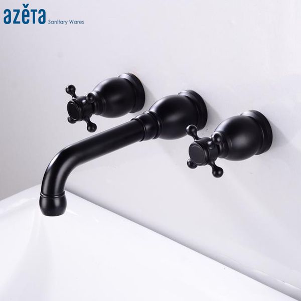 

azeta bathroom faucet black wall mounted sink faucet 3 hole double handle wash basin tap 360 rotation spout mixer tap at5866b