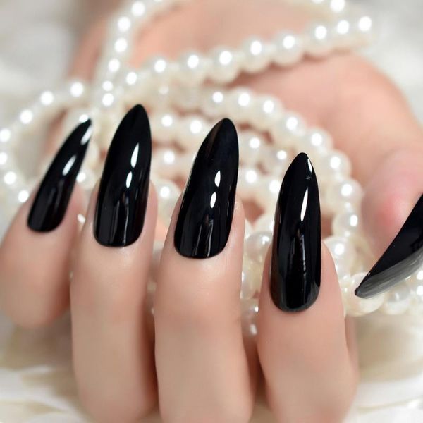 

false nails 24pcs good quality acrylic nail manicure wine red black extra long shiny easy apply sharp stiletto artificial, Red;gold