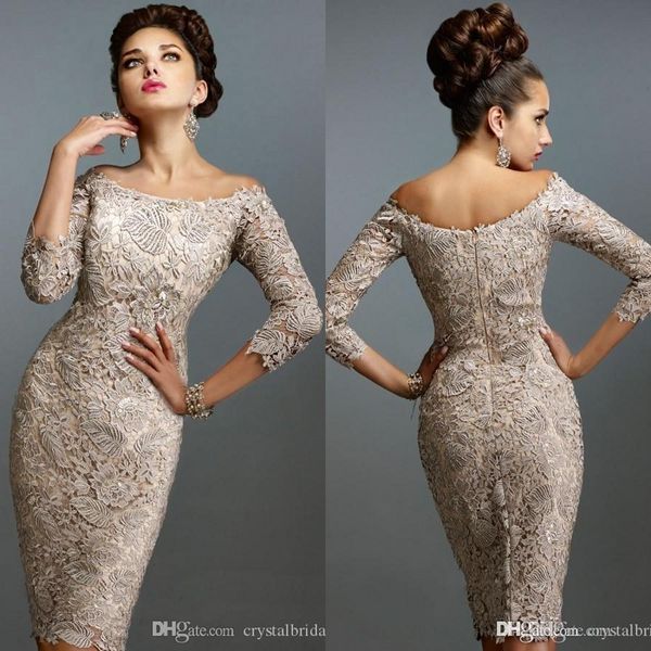 

2023 mother off bride dresses vintage sheath scoop neck off shoulder full lace 3/4 long sleeves knee length plus size mother of the bride dr, Black;red