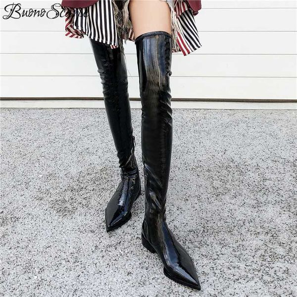 

buono scarpe patent leather pointy thigh high boots women over the knee long boots slim prom knight botas mujer pleated shoes, Black