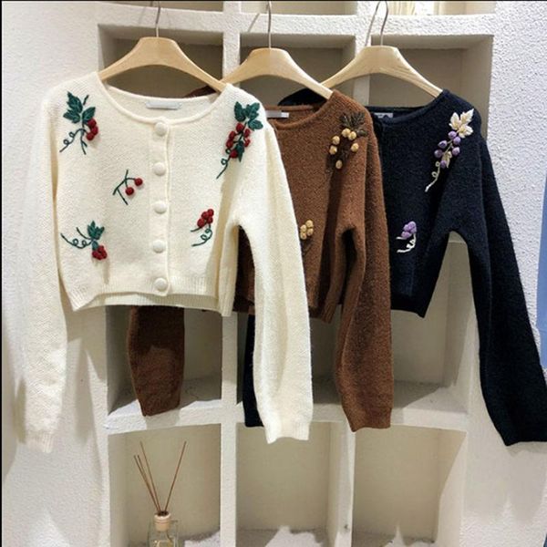 

brown autumn fashion knitted cardigans woman sweaters flower fashion korean japan style ropa de mujer sweater women, White