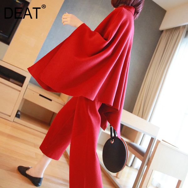

deat] 2020 mature elegant 2 piece set women turtleneck collar lapel loose cloak leisure nine wide leg pants knit cloth a132, Gray