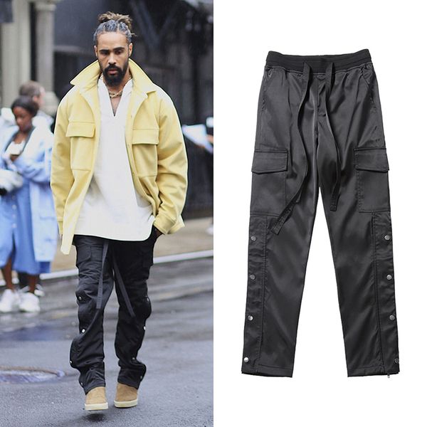 

black nylon snap cargo pants mens urban streetwear punk hip hop sweatpants men straps buttons velcro strap closure trousers 200925