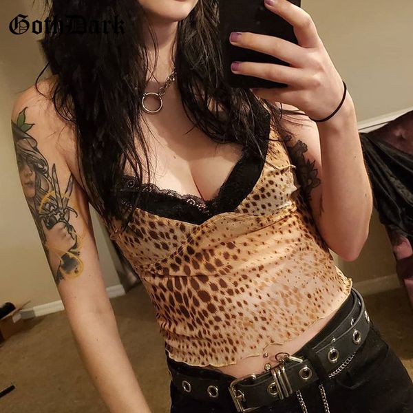 

goth dark gothic camisole punk leopard printed summer crop grunge silk bodycon mesh patchwork neck sleeveless clubwear, White
