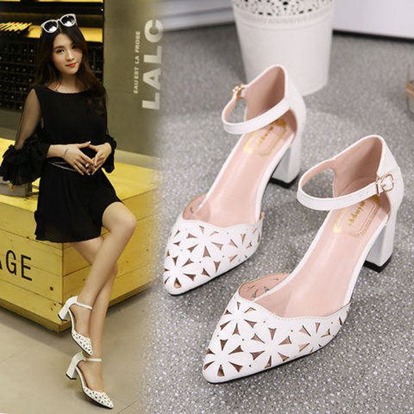 

high heels sandals woman casual summer shoes women summer heels chunky heel ankle buckle strap pointed toe 2020 rome style white, Black
