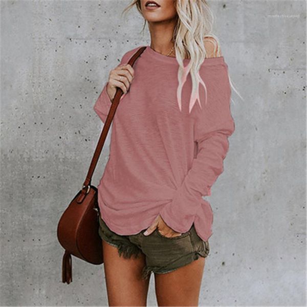 

new female long sleeve casual round neck women irregular t-shirt fashion trend pure color mid-length tee clothing comfortable designer, White