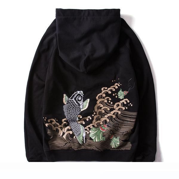 

arrivals men's long sleeve carp embroidery hip hop hoodies cotton 2020, Black
