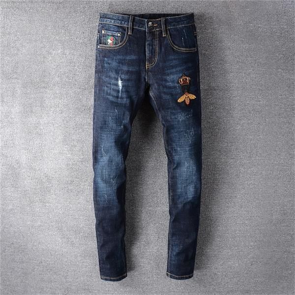 

mens skinny jeans casual slim biker jeans badge printing denim hip hop simple ripped pants fashion long pants mens pants, Blue