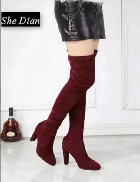 

she dian women boots classic over the knee stretch fabric long boots round toe spring and autumn causal high heel, Black