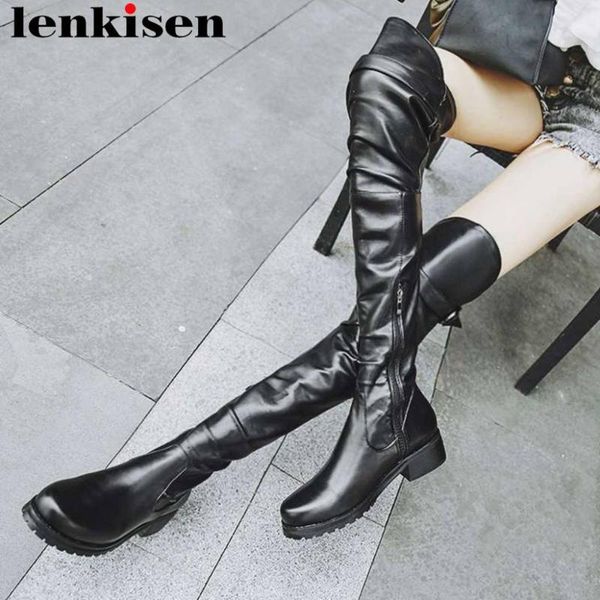 

high street fashion european style balck color round toe zipper med heels girls nightclub cow leather thigh high boots l04, Black