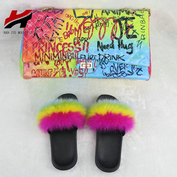 

nan jiu mountain 2020 women's flat slippers sandals fashion handmad font color plush wild graffiti chain bag set plus size 36-45, Black