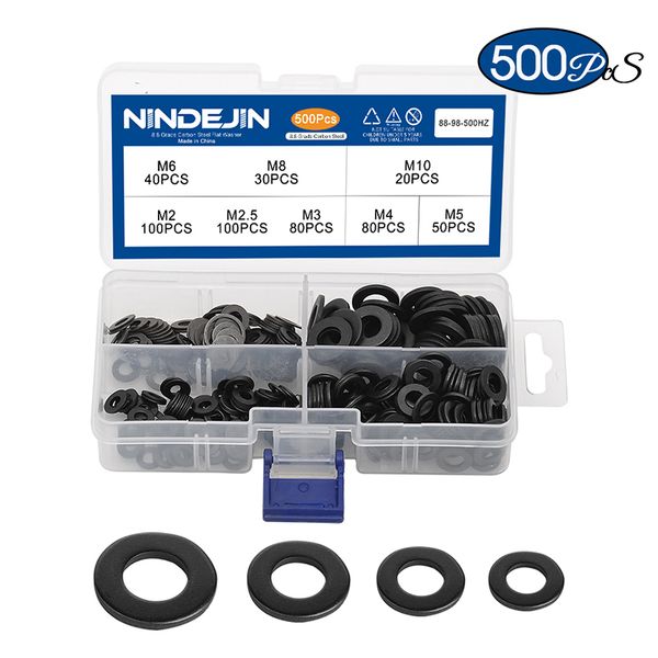 

500pcs flat washer set m2 m2.5 m3 m4 m5 m6 m8 m10 carbon steel black gasket set plain washer assortment kit ring