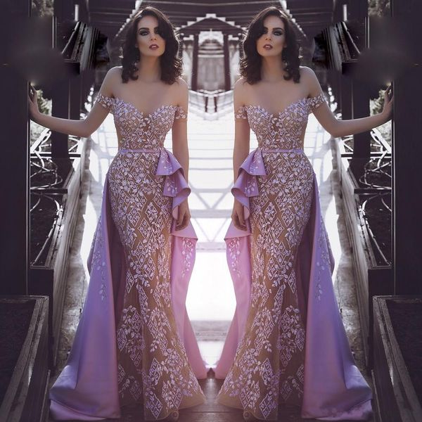

lavender mermaid overskirts 2018 prom dresses off shoulder lace appliqued beads evening gowns saudi celebrity party dress robe de soiree, Black