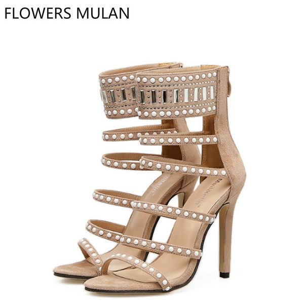 

women sandals luxury pearl crystal embellishment sandalias mujer narrow band ladies gladiators cover heel high heels shoes woman, Black