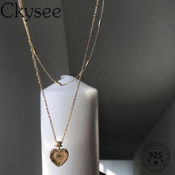 

ckysee 925 sterling silver necklace gold color double heart pendant necklace for fashion women girlfriend simple charms jewelry