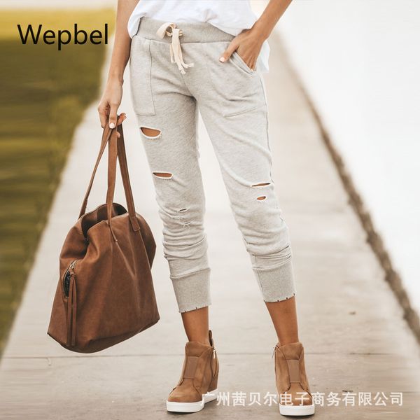 

women's pants & capris wepbel casual clothing hole solid color mid waist fashion trousers skinny ankle length pencil, Black;white