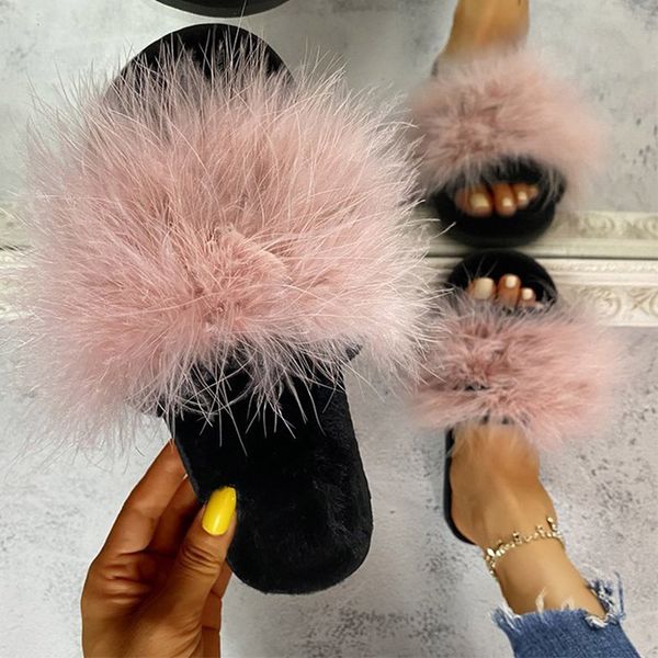 

women fur slippers slides furry flat sandals female slip on cute fluffy shoes open toe fashion new comfortable sunmmer 2020, Black