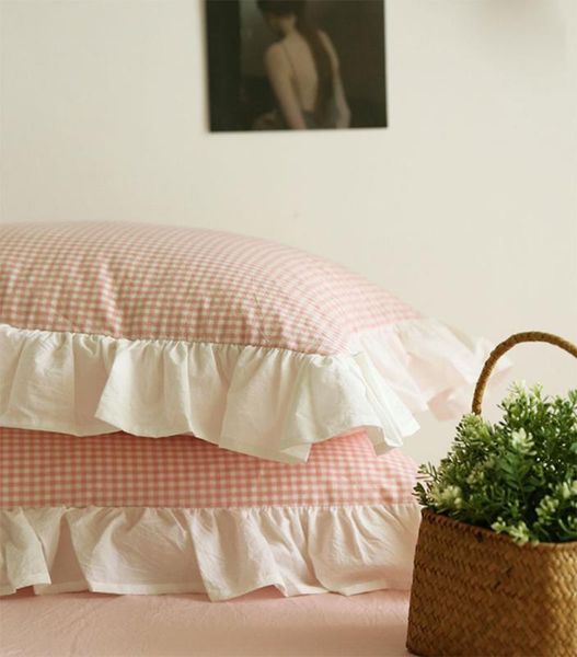 

sweet pink plaid ruffle bedding set teen kid girl,cotton twin full  king home textile bed sheet pillow case duvet cover