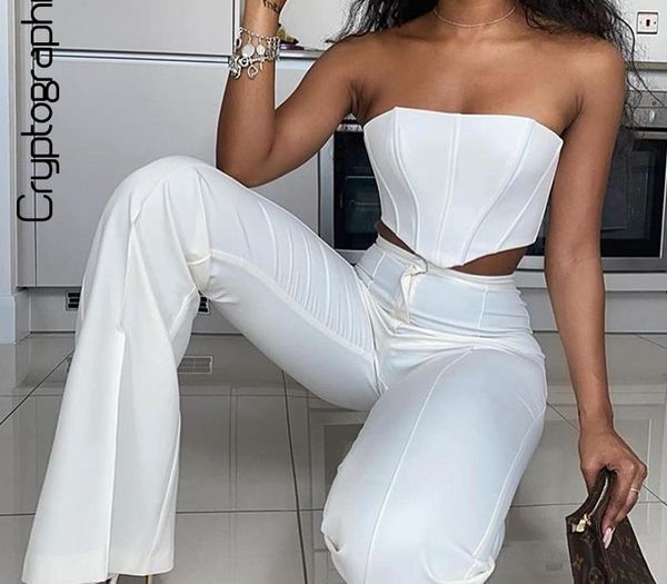 

cryptographic solid strapless bustier crop and pants two piece set fashion outfits matching sets flare pants women sets t200730, Gray