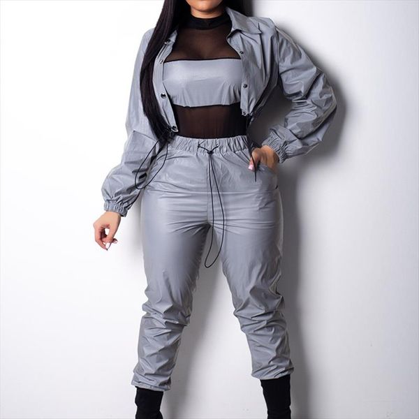 

streetwear reflective sweat suits women spring autumn turn down collar long sleeve buttons crop pants set womens jersey, Gray