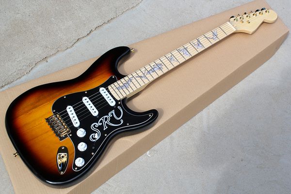 Guitarra elétrica de Sunburst personalizado de fábrica com pickguard preto, maple fretboard, Bat Fret Inlay, Pickups SSS, pode ser personalizado