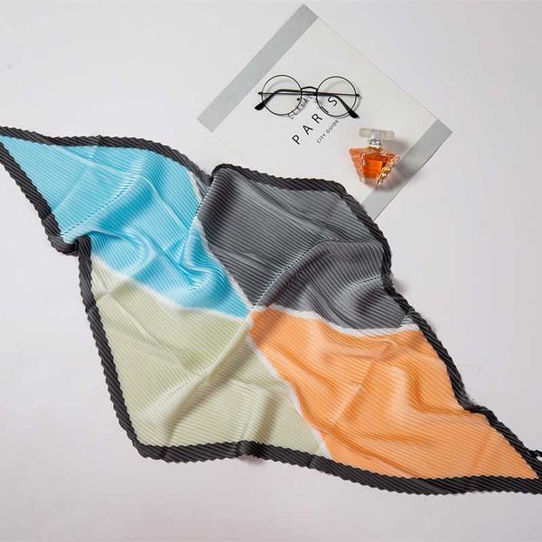 

2020 designer silk crinkle scarf square pleated print neck scarfs for ladies foulard hair band stain fold neckerchief, Blue;gray