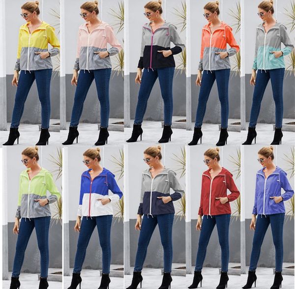 

женские куртки с капюшоном контраст цвет zipper женщин конструктора пальто с длинным рукавом легкий женские топы sunproof лето панелями, Black;brown