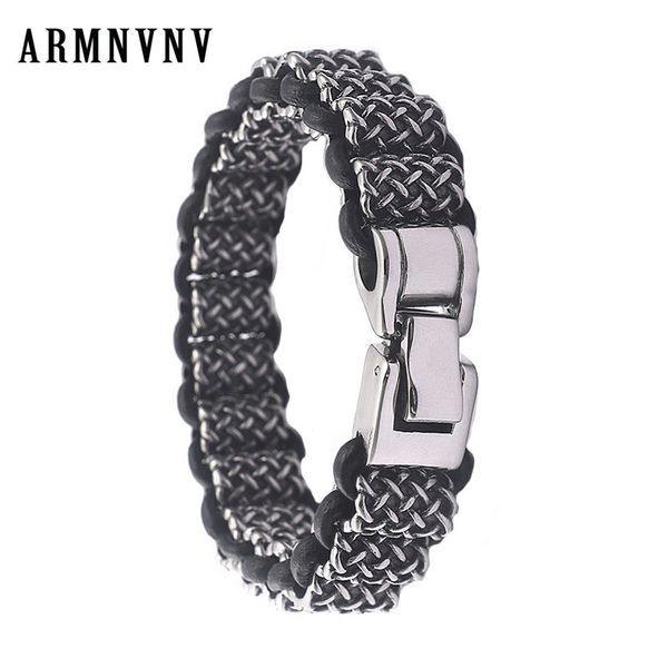 

armnvnv vintage braided genuine leather woven bracelet punk wide for men jewelry 316l stainless steel bracelets, Black