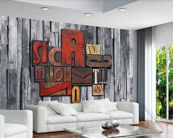 Carta da parati murale 3d Lettere a colori stereo in stile retrò Venatura del legno 3D TV Sfondo muro 3d Carta da parati vintage americana