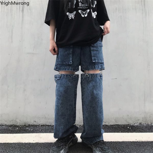 

streetwear harajuku сыпучие straight съемные hip hop грузовые карманные denim pant женщина мужчина джинсы японская мода solid омывается punk, Blue