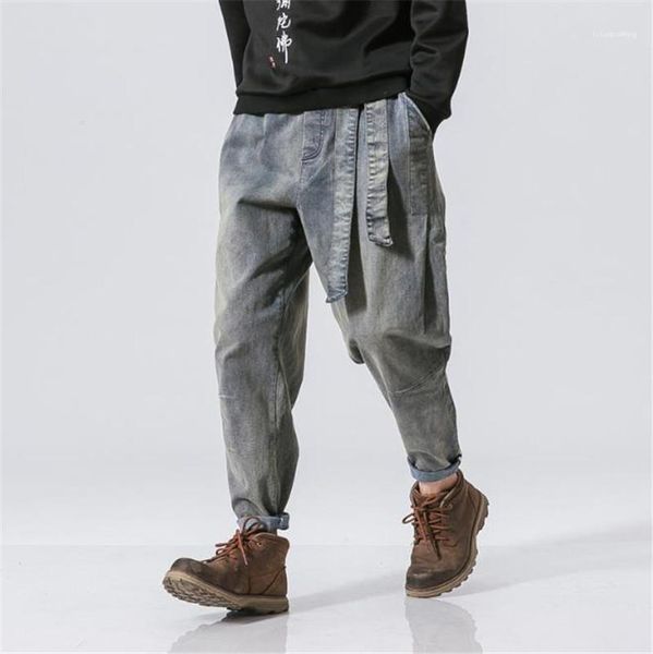 

loose pants teenagers streetwear elastic waist ribbon trousers hip hop mens designer jeans fashion vintage washed, Blue