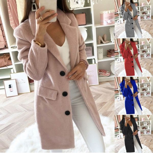 

monerffi women wool coat winter long ladies jackets coat plus size 5xl casual solid pink blend female outerwear jacket, Black