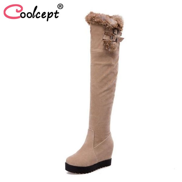 

coolcept women flats boots buckle platform warm fur shoes women winter over knee boots office lady footwear size 34-43, Black
