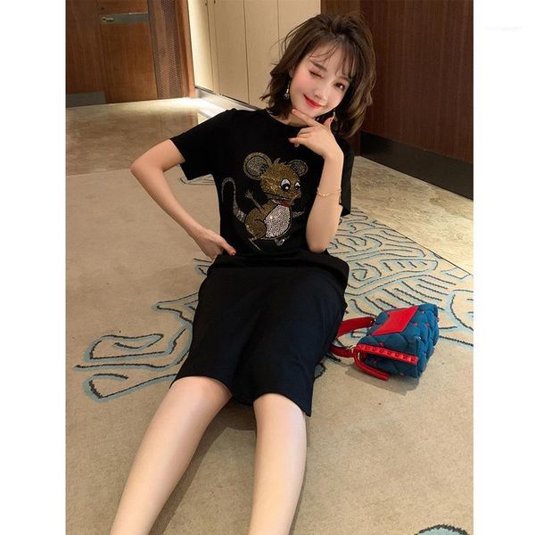 

dress plus size summer women casual dresses cartoon animals print designer crew neck ladies dresses loose short sleeve split, Black;gray