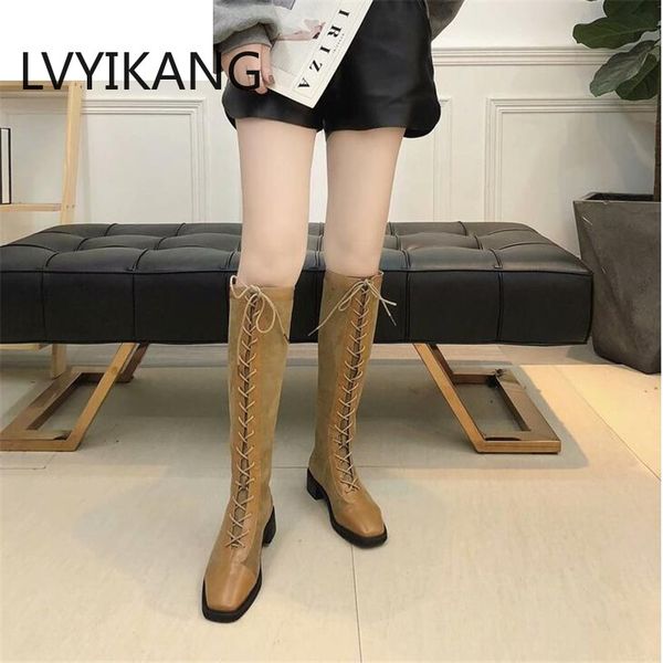 

lvyikang 2020 new women knee-high girl women boots round head female boots frenulum square heels back zipper, Black