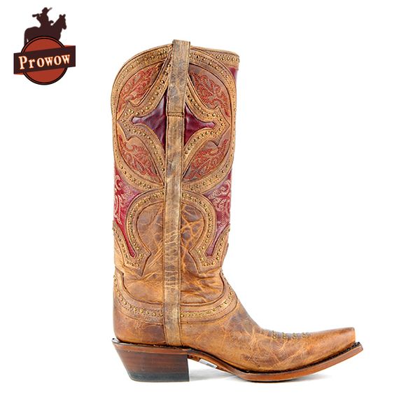 

prowow women western cowboy boots genuine leather designer handmade patchwork suture pointed toe corral mid-calf ladies boots, Black