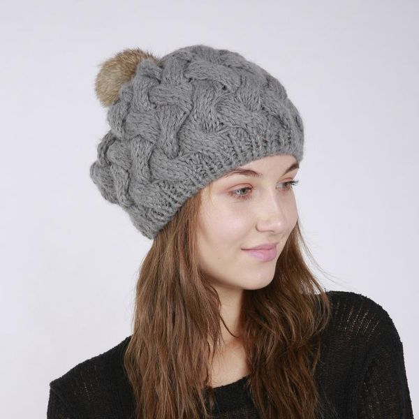 

handmade knite hat female hair ball knitted wool cap girls warm outdoor leisure cap knitted pompom hat adjustable b-8460, Blue;gray