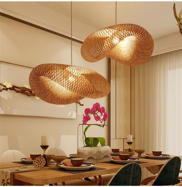 

bamboo wicker rattan wave shade pendant light fixture suspension home decor living room pendant lamps lighting fixture