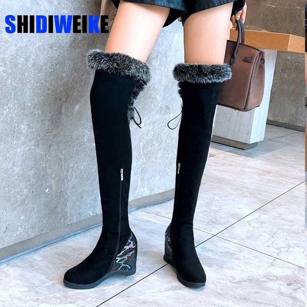 

women fashion thigh high boot 2020 women casual wedge women's suede comfort over the knee ladies lace up female shoe plus size, Black