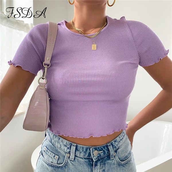 

fsda 2020 summer o neck short sleeve crop women blue ruffles ribber casual shirt basic t shirts ladies clothes, White
