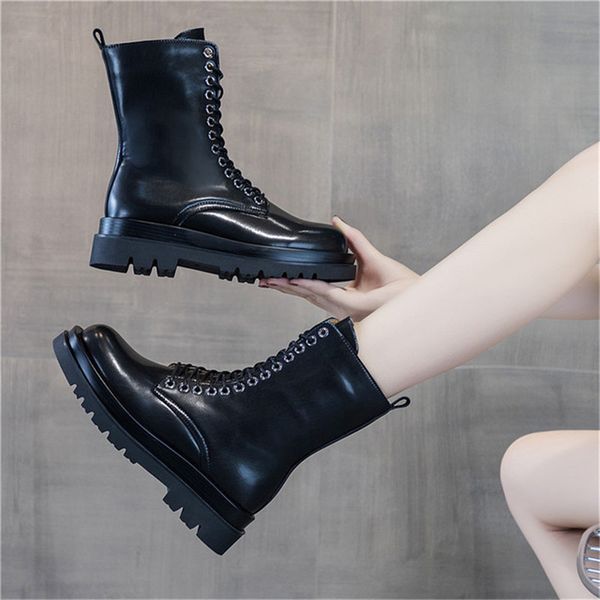 

2020 autumn winter new genuine leather women's boots fashion black zipper mid boots wedges platform punk feminine shoes