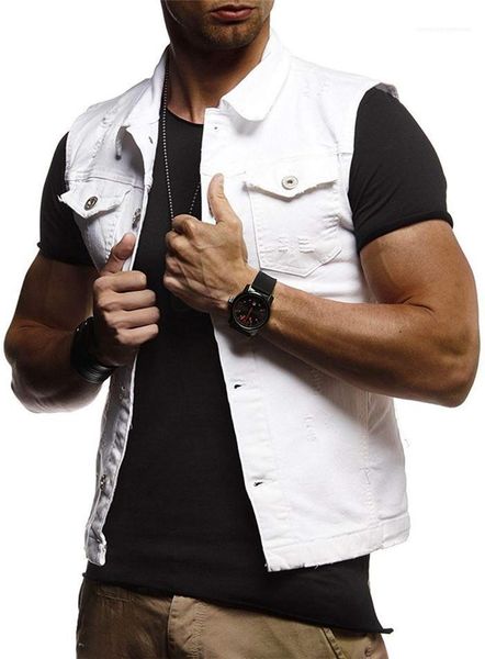 

color homme clothing fashion style casual apparel mens summer sleeveless jeans jackets lapel neck regular solid, Black;brown