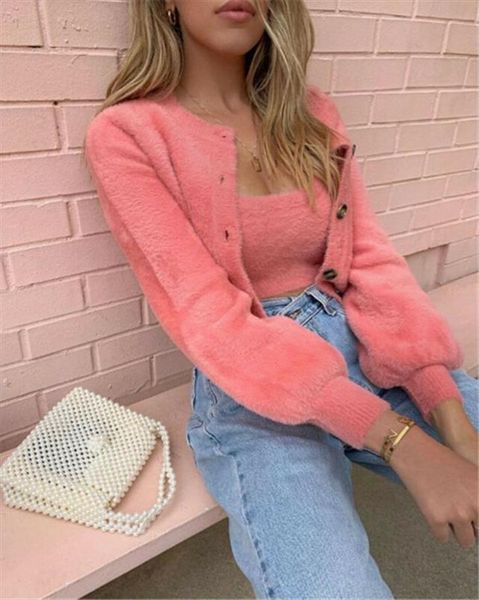 

womens 2 pcs long sleeve knitted fluffy cardigan sweater suit casual female pink slim button crop sweater for femme, Gray