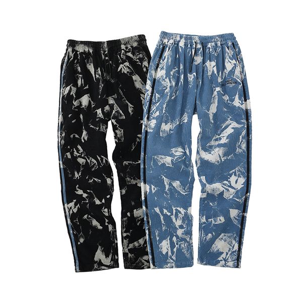 

floral letters embroidery tie dye mens casual pants baggy drawstring straight streetwear trousers hip hop loose pants, Black