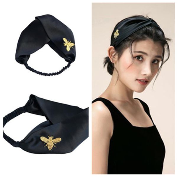 

2020 design 100% silk cross headband fashion bee elastic hairband for women girl retro black turban headwraps ing, Silver