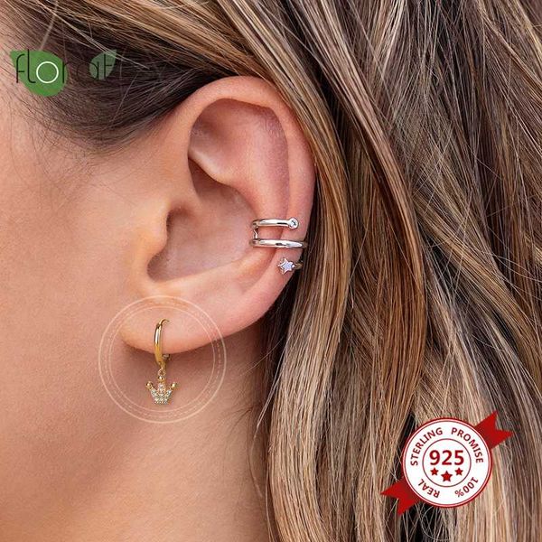 

925 sterling silver crown hoop earrings for women crystal zircon small circle huggie earrings prevent allergy jewelry, Golden;silver