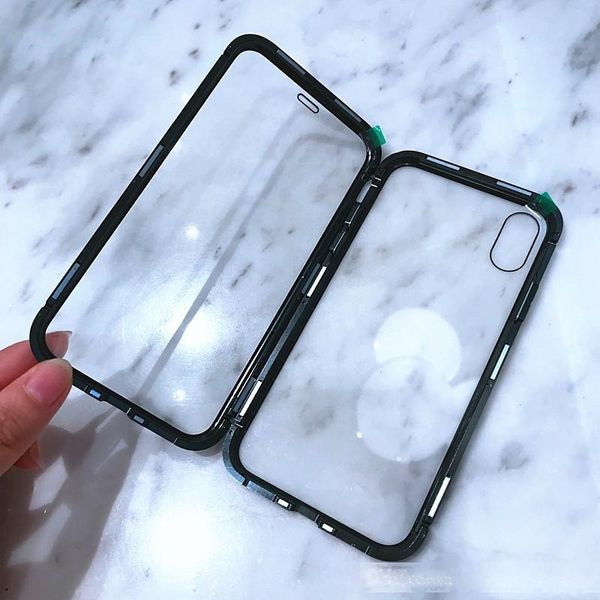 

magnetic adsorption metal frame case back front tempered glass full cover for iphone xs xr xs max 6 6s 7 8 plus 50pcs/lot