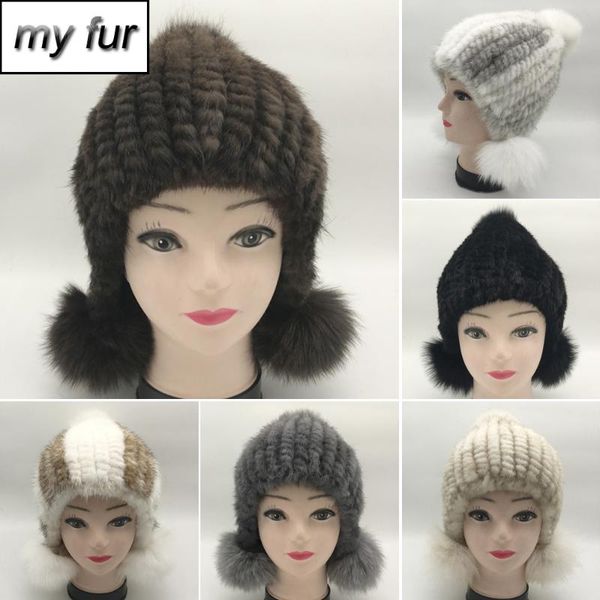 

new real hat with fur pompoms women thicken cotton lining fur caps ladies winter knitted real beanies hats, Blue;gray