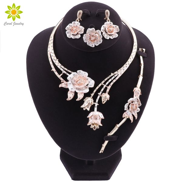 

nigeria classic jewelry sets elegant bride wedding flower shape necklace earrings bracelet ring set for dubai women cx200813, Slivery;golden