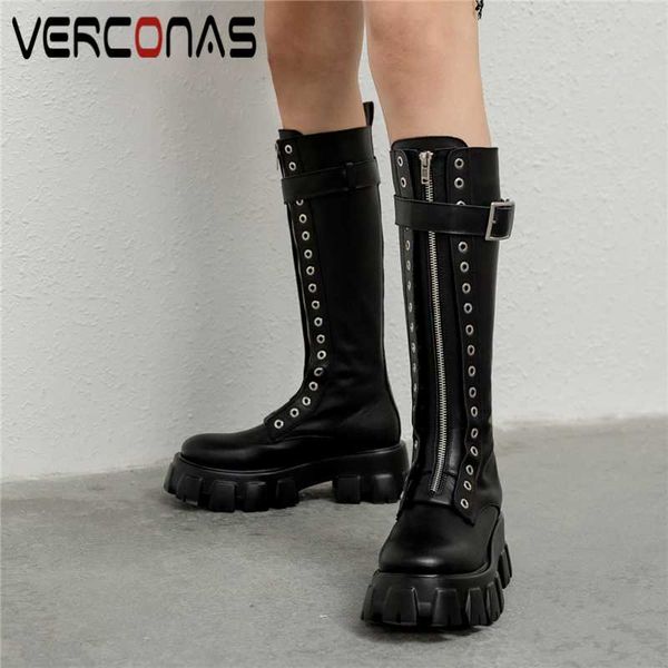 

boots verconas cool women knee-high autumn winter shoes woman front zipper platforms flats rivets genuine leather long, Black